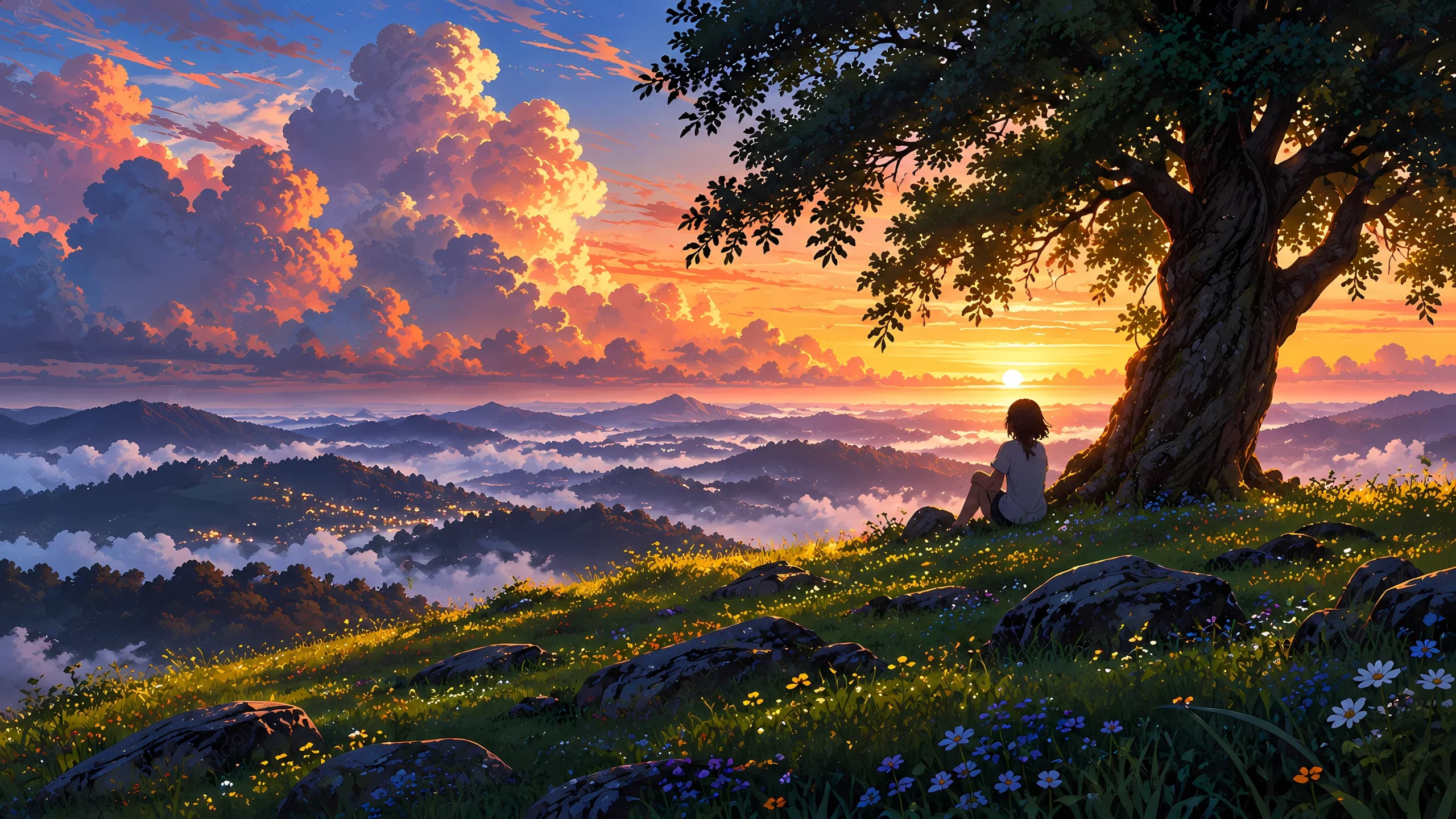 Sunset Over Misty Hills desktop wallpaper