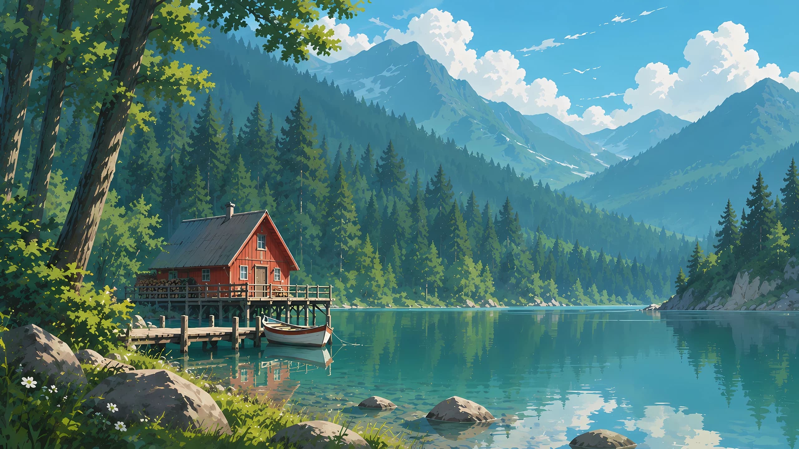 Red Cabin on an Alpine Lake desktop wallpaper