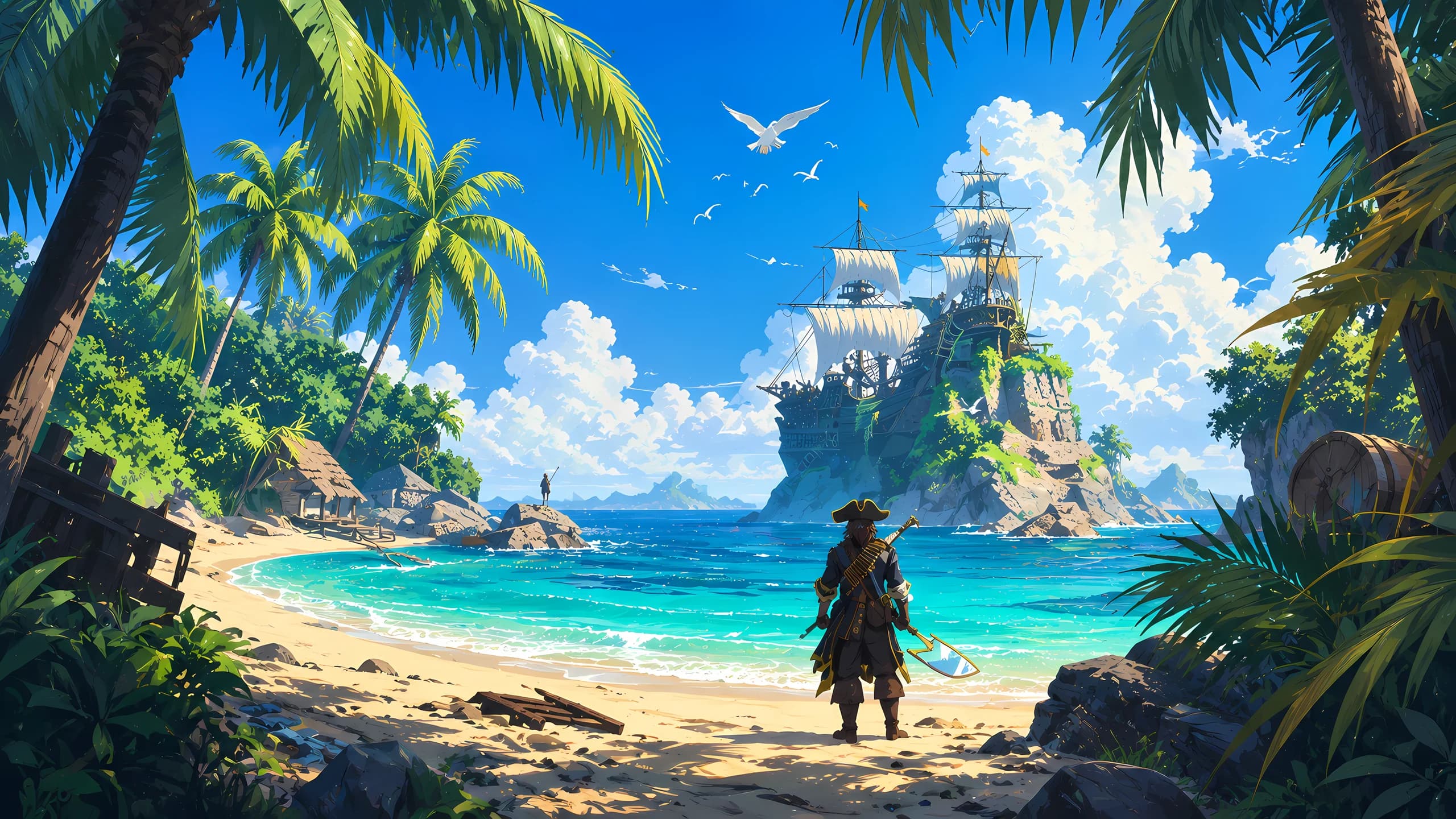 Pirate Ship on a Tropical Beach desktop wallpaper
